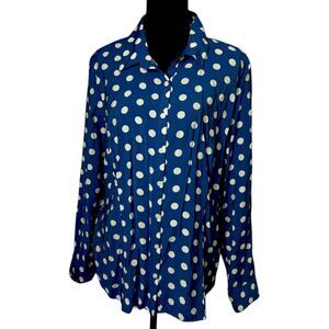 Van Heusen Womens Blue White Polka Dot Long Sleeve Top XL Classic Teacher Cute